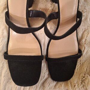 BP Emmie Lea Black Suede Strappy Square Toe Heeled Slide Sandals - 10 -Brand New